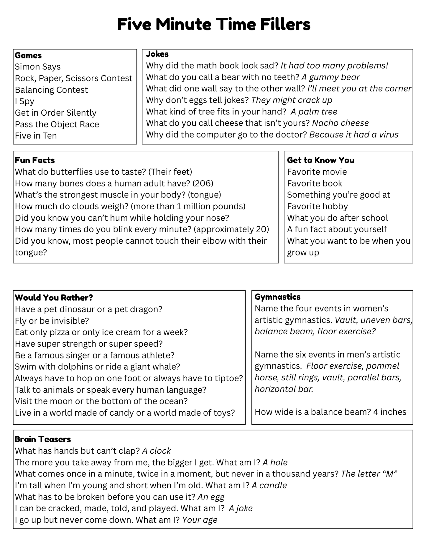 FREE Five-Minute Time Fillers