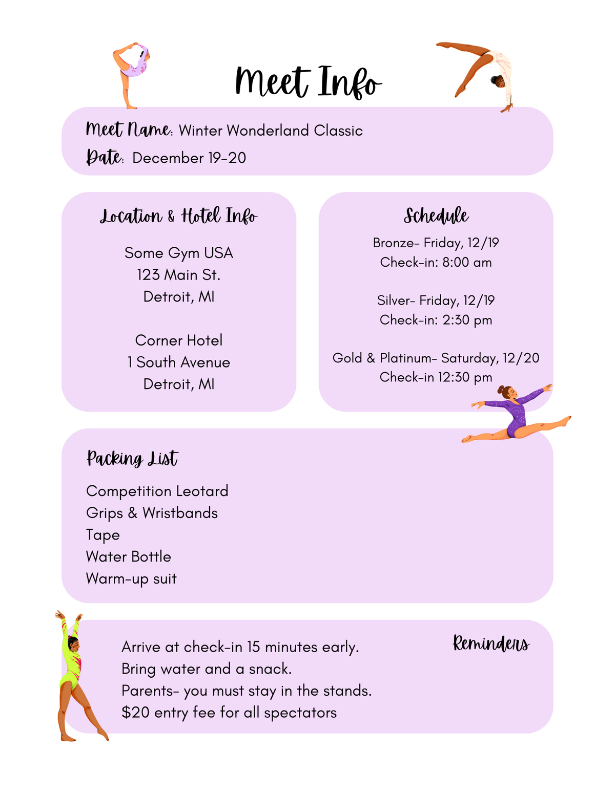 Meet Info Template for Gymnastics Coaches, Athletes, and Parents